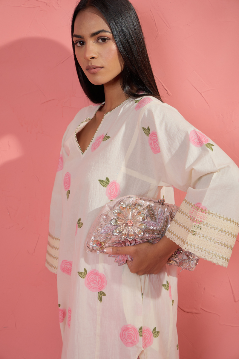 Gul Rose Set 3 cotton cambric light kurta set by AAVIDI in off white for women Worldwide
