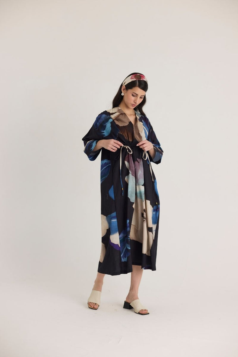 ROCCO DRAWSTRING KAFTAN DRESS poplin by Yam in black color for women Worldwide