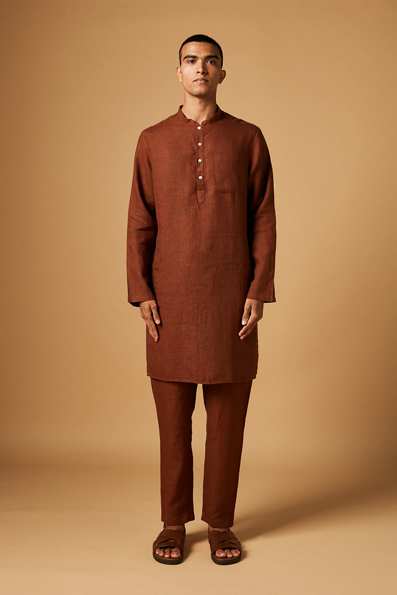 Cinnamon Linen Kurta Set by Saphed Men for men Worldwide