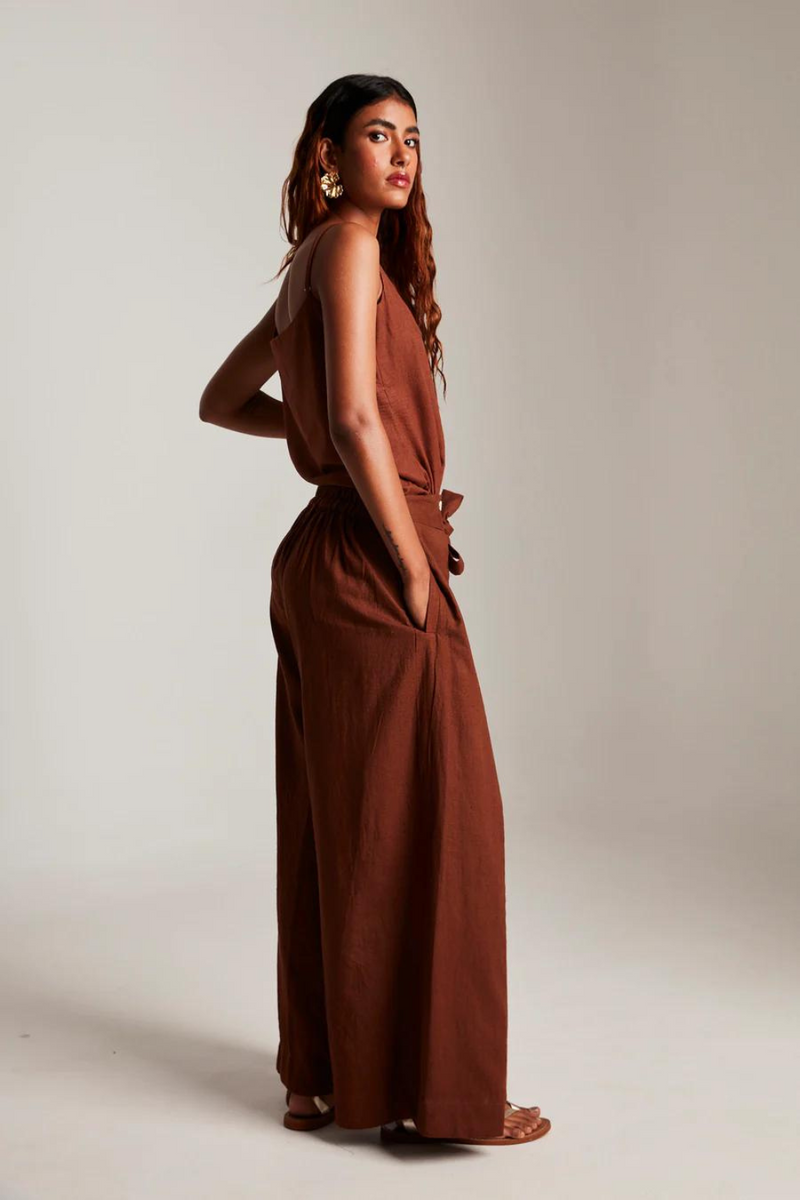 Mocha Co-Linen Wrap Pants cotton by Saphed in brown color for women Worldwide