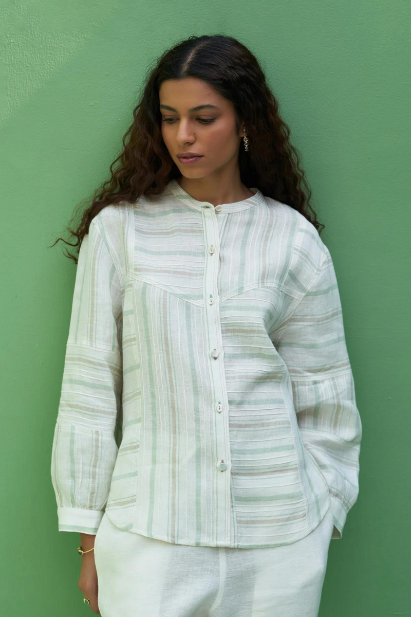 Miyu Pintucked Linen Shirt
 - Mint linen by Manan in mint color for women Worldwide