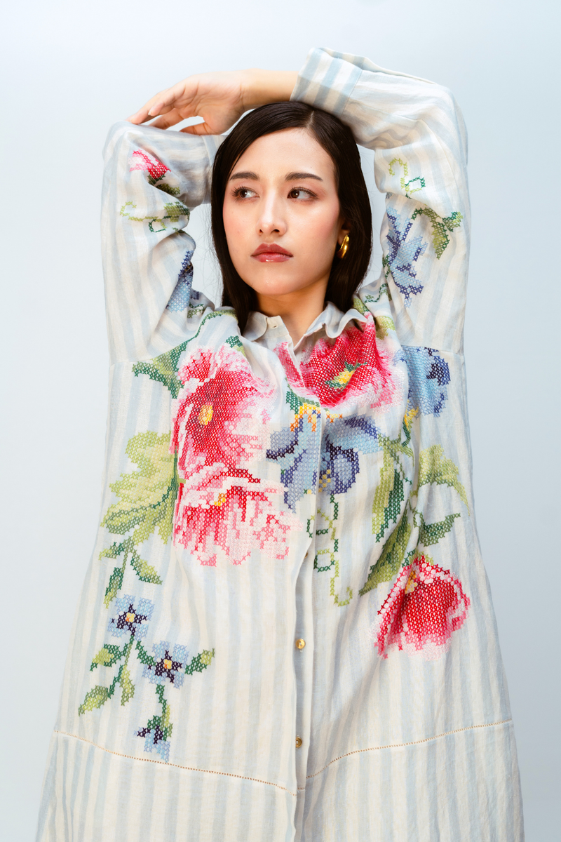 CLOUDED RIBBON DRESS linen dress by Ode to Odd in blue for women Worldwide