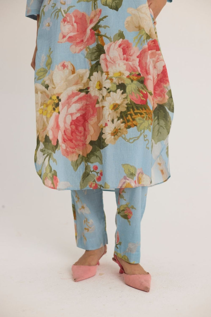 TAFFY LONG COTTON KURTA SET cotton by Yam in blue color for women Worldwide