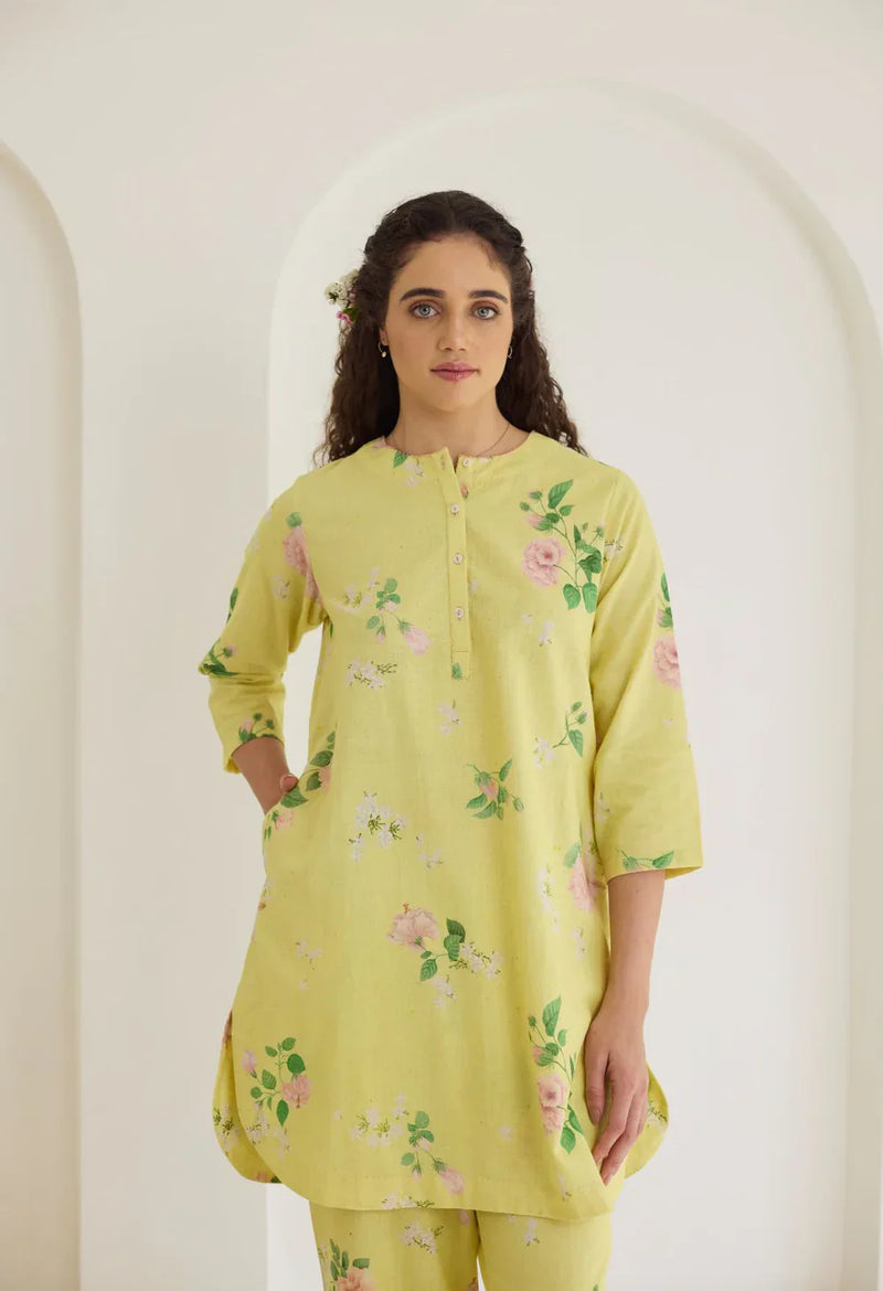 Yellow Hibiscus Short Kurta Set cotton by Nadiya Paar in yellow color for women Worldwide