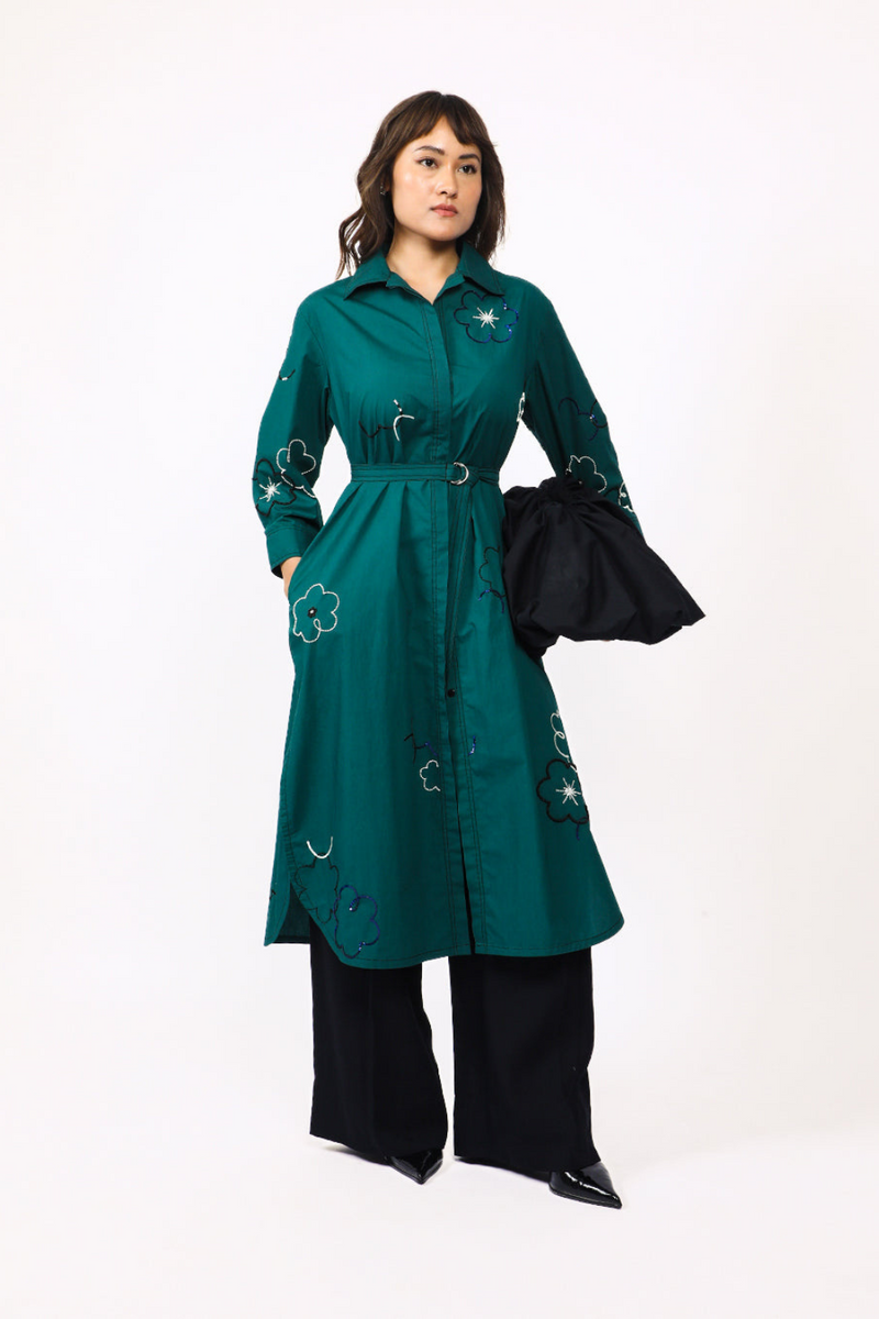 Ditsy embroidered fence shirt 100% cotton by Leh Studios in green color for women Worldwide