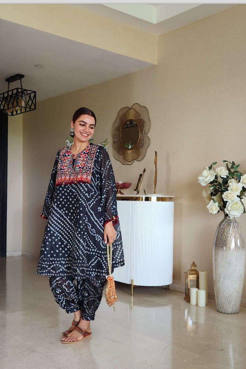 AFGHANI BANDHANI SET - Black silk by Aavidi in yellow color for women Worldwide