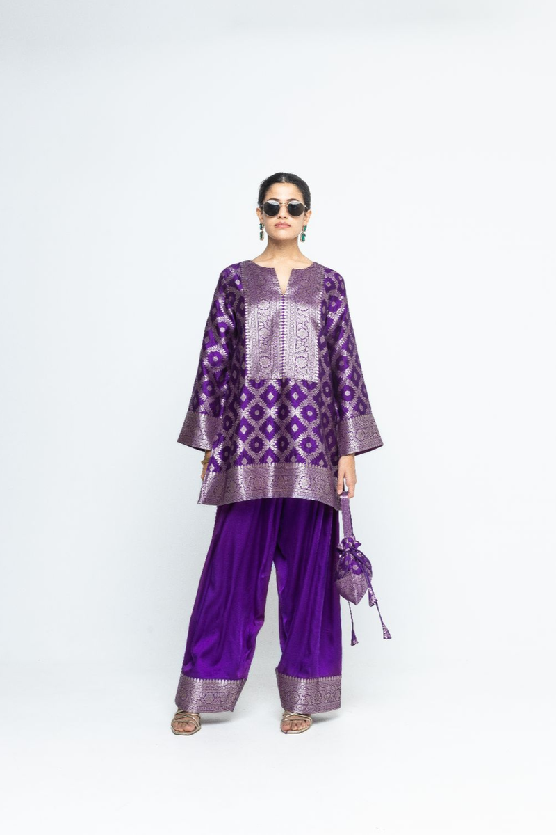 Seerat - Brocade Jaal Silk Kurta with Farshi set - Purple satin by SOBARIKO in purple color for women Worldwide