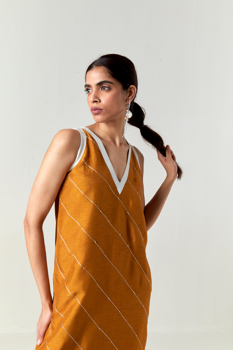 V-NECK EMBELLISHMENT DETAIL DRESS-OCHRE silk by THREE for women Worldwide