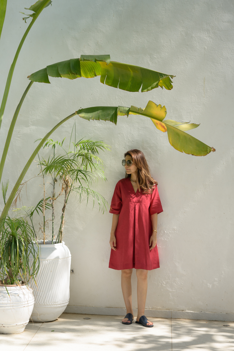 Sundown Palm Dress linen dress by Zanzibar Living in crimson red for women Worldwide