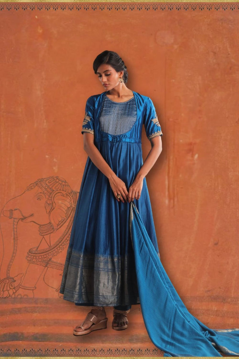 Peacock Blue Kurta Set (MYO-2484- Manmohak) by Myoho in blue color for women Worldwide