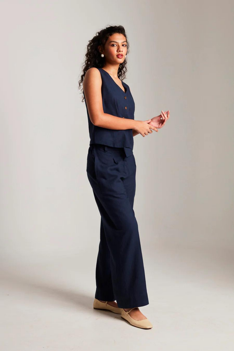 Navy Co-Linen Waistcoat cotton by Saphed in navy color for women Worldwide