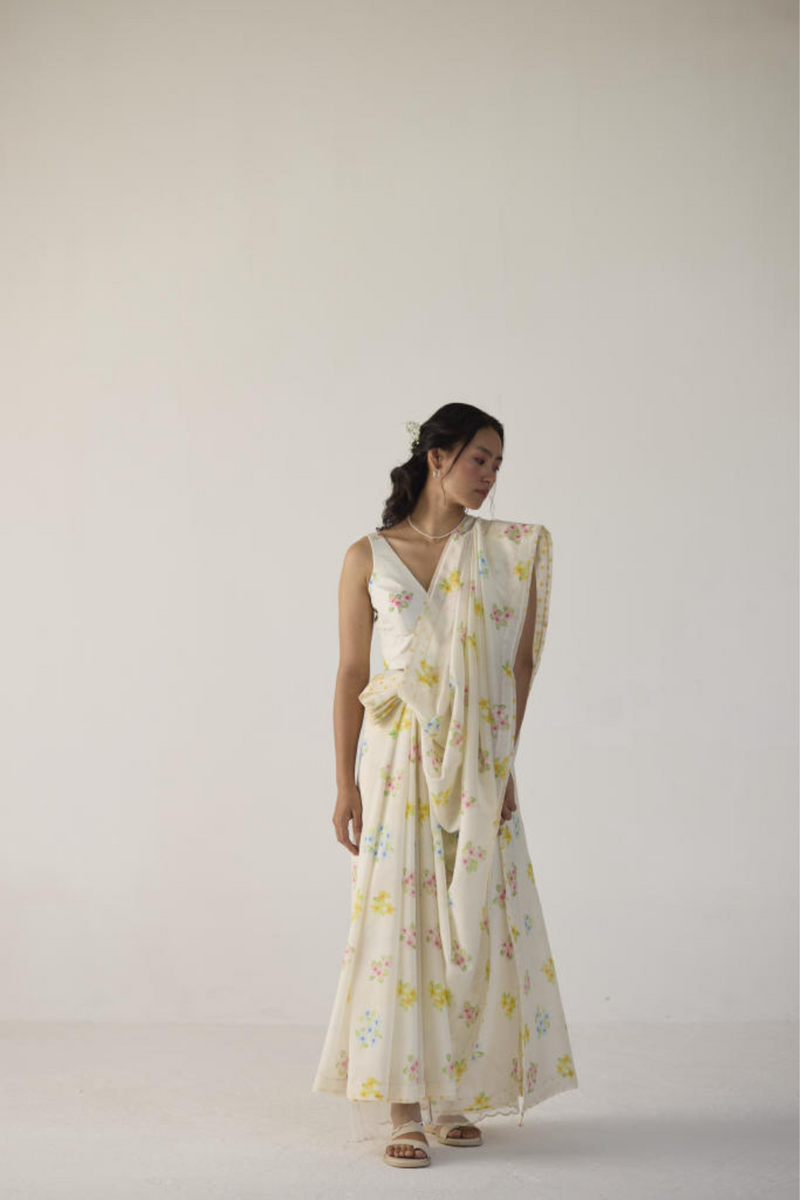 Periwinkle Silk and Cotton Chanderi Sari silk by Nadiya Paar in white color for women Worldwide