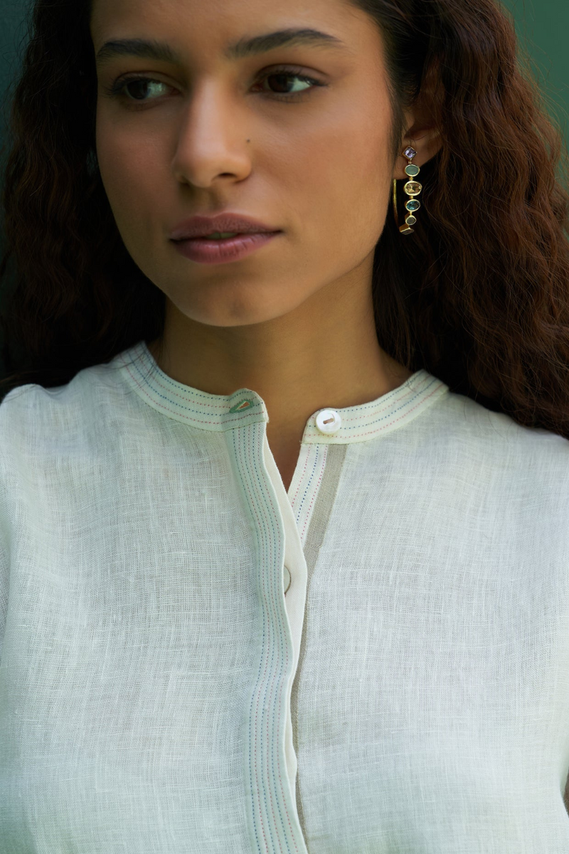 Yoshi Border Linen Top
 - Ivory linen by Manan in ivory color for women Worldwide