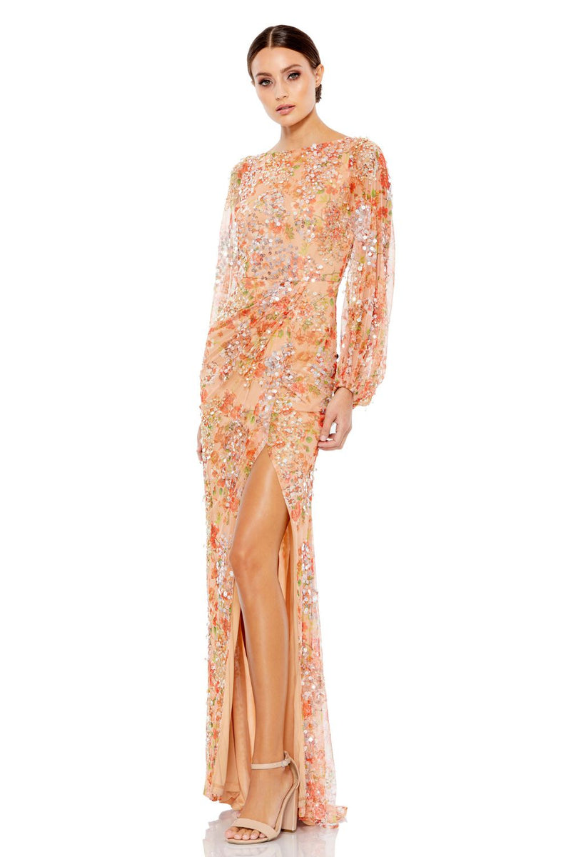 93547-Floral Print Sequined Puff Sleeve Gown by Mac Duggal for women Worldwide