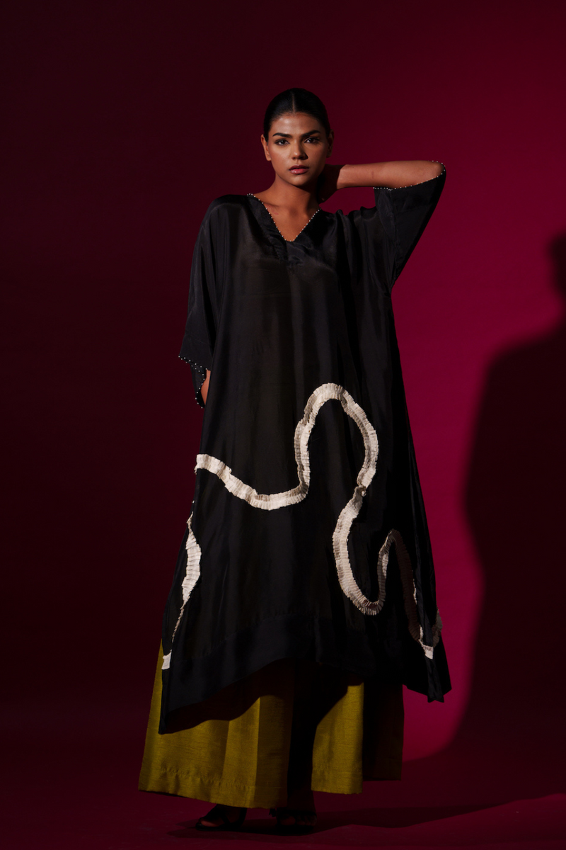 Flamingo Tunic-Black + Natural upada silk kaftans and tunics by Stoique in black, natural for women Worldwide