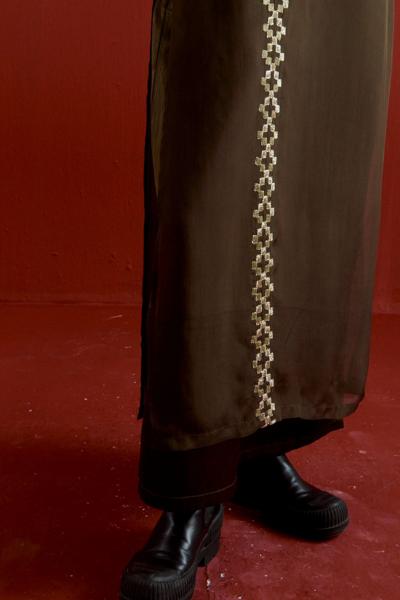 GOTA PATTI DETAIL DOUBLE LAYER DRESS-DARK OLIVE satin by THREE in olive color for women Worldwide