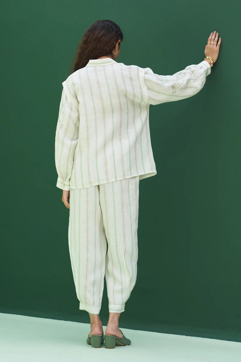 Akra Striped Linen Shirt
 - Mint linen by Manan in mint color for women Worldwide