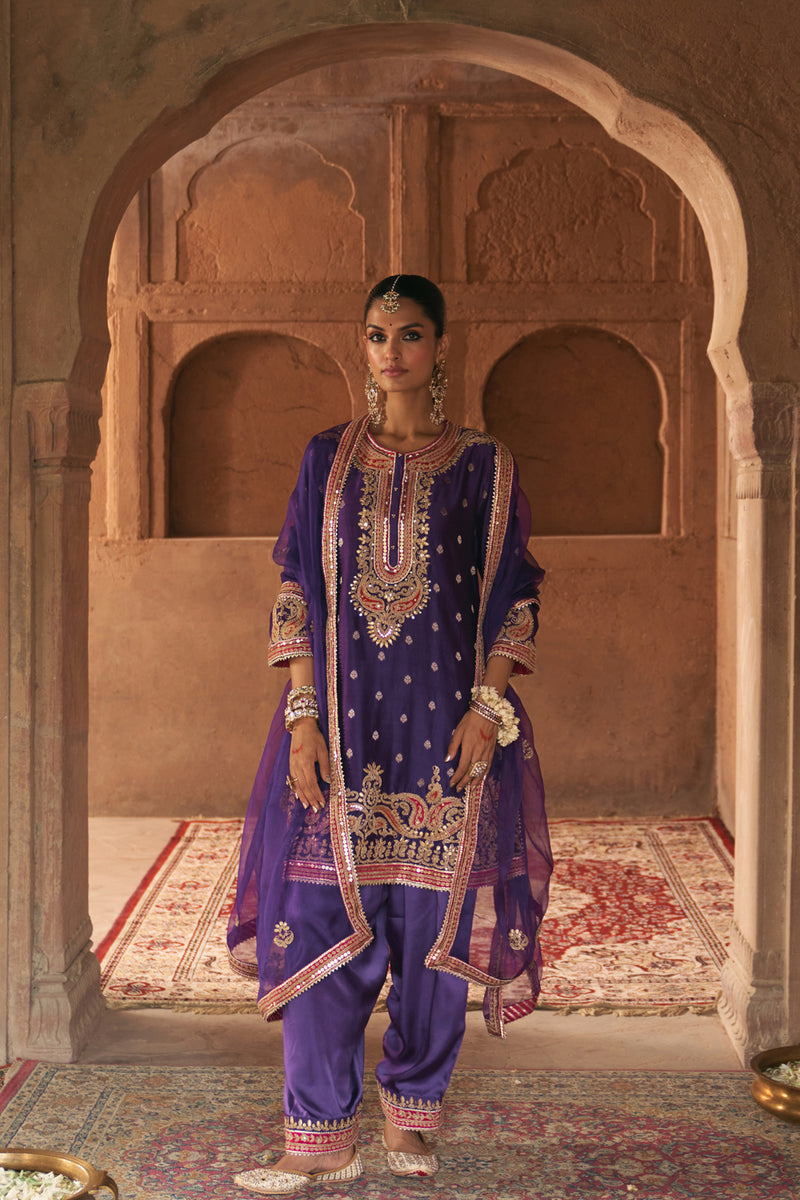 FARHANA - DEEP PURPLE SHORT KURTA WITH SALWAR AND DUPATTA chanderi silk kurta/kurta set by SHEETAL BATRA in purple for women Worldwide