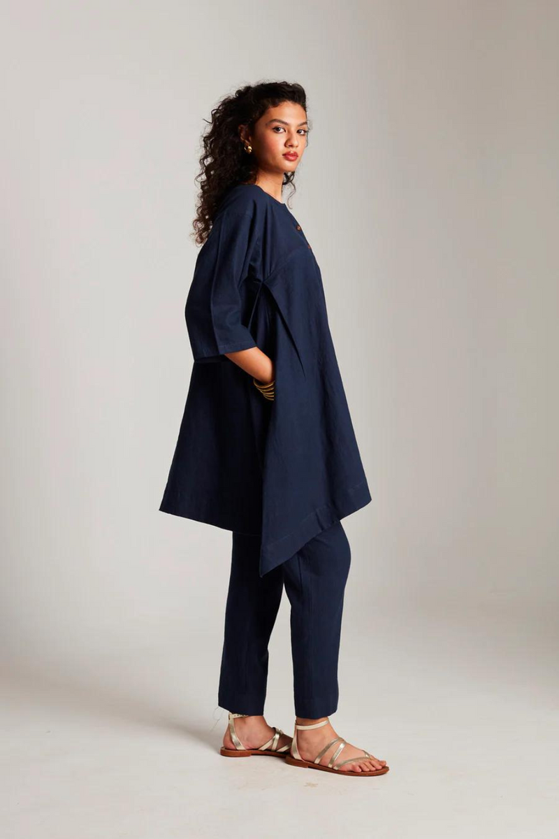 Navy Co-Linen High Low Kurta cotton by Saphed in navy color for women Worldwide