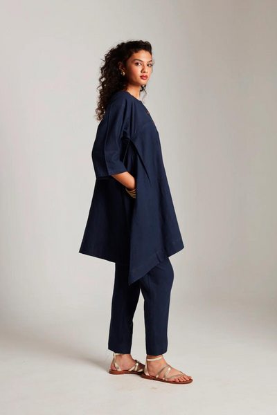 Navy Co-Linen High Low Kurta