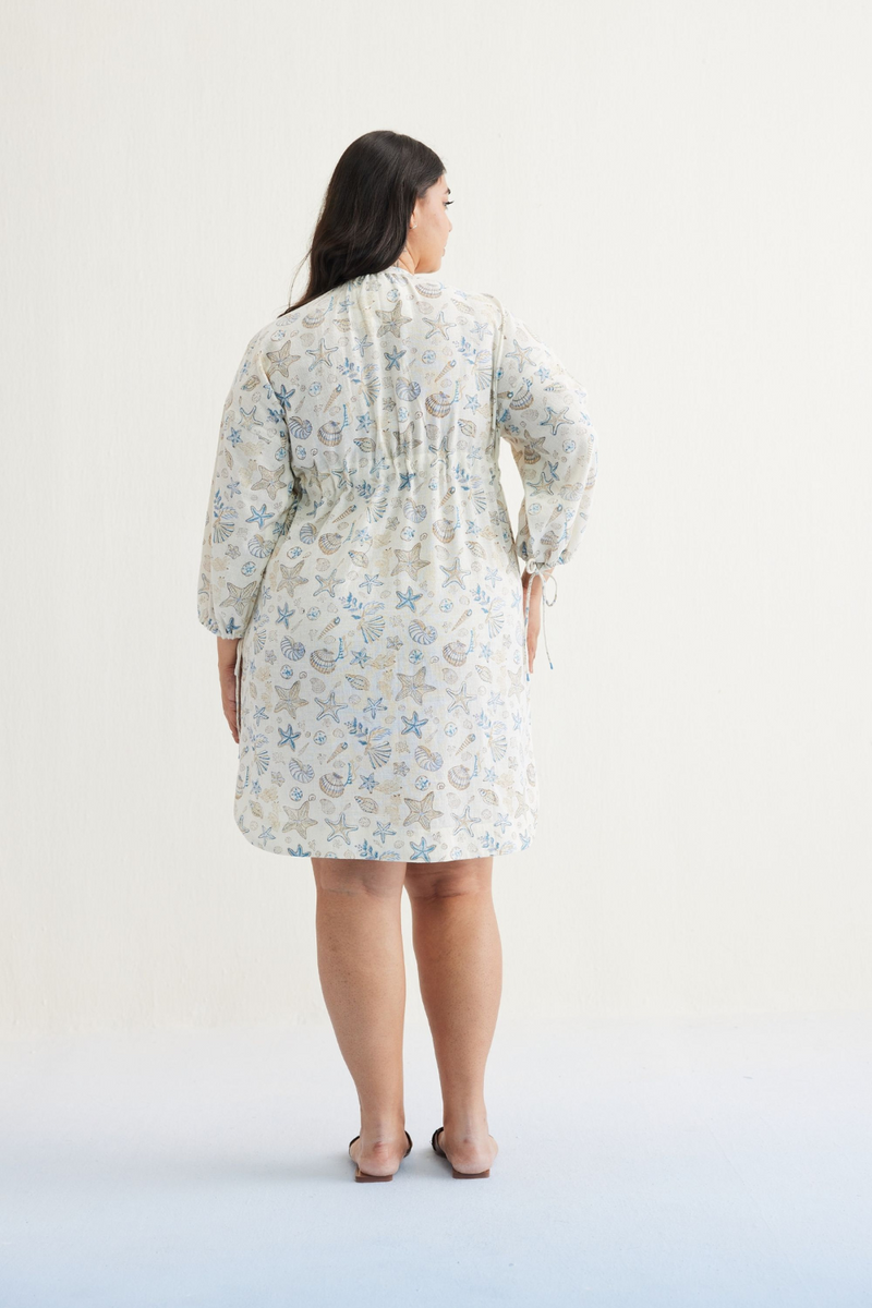 The Marine Handspun Handwoven Organic Cotton Short Dress cotton by SUI in white color for women Worldwide