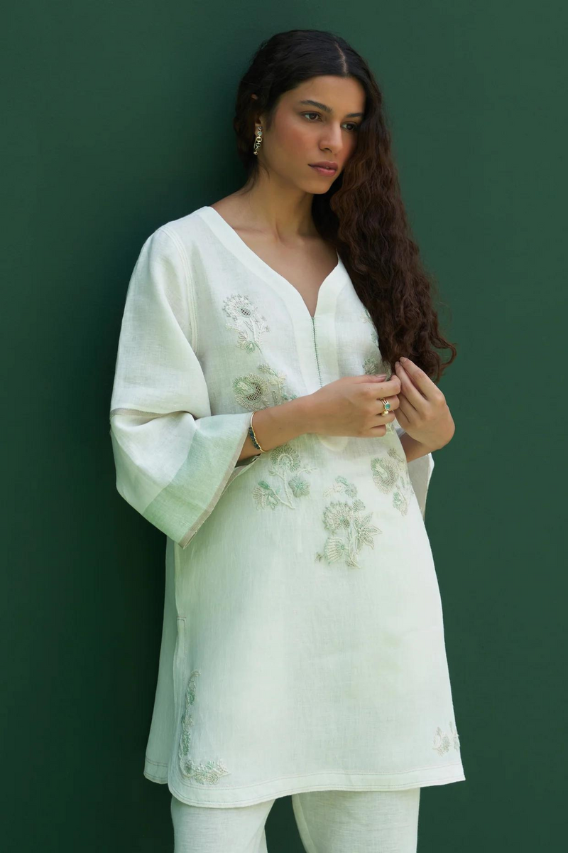 Insha Hand-Embroidered Kurta
 - Ivory linen by Manan in ivory color for women Worldwide