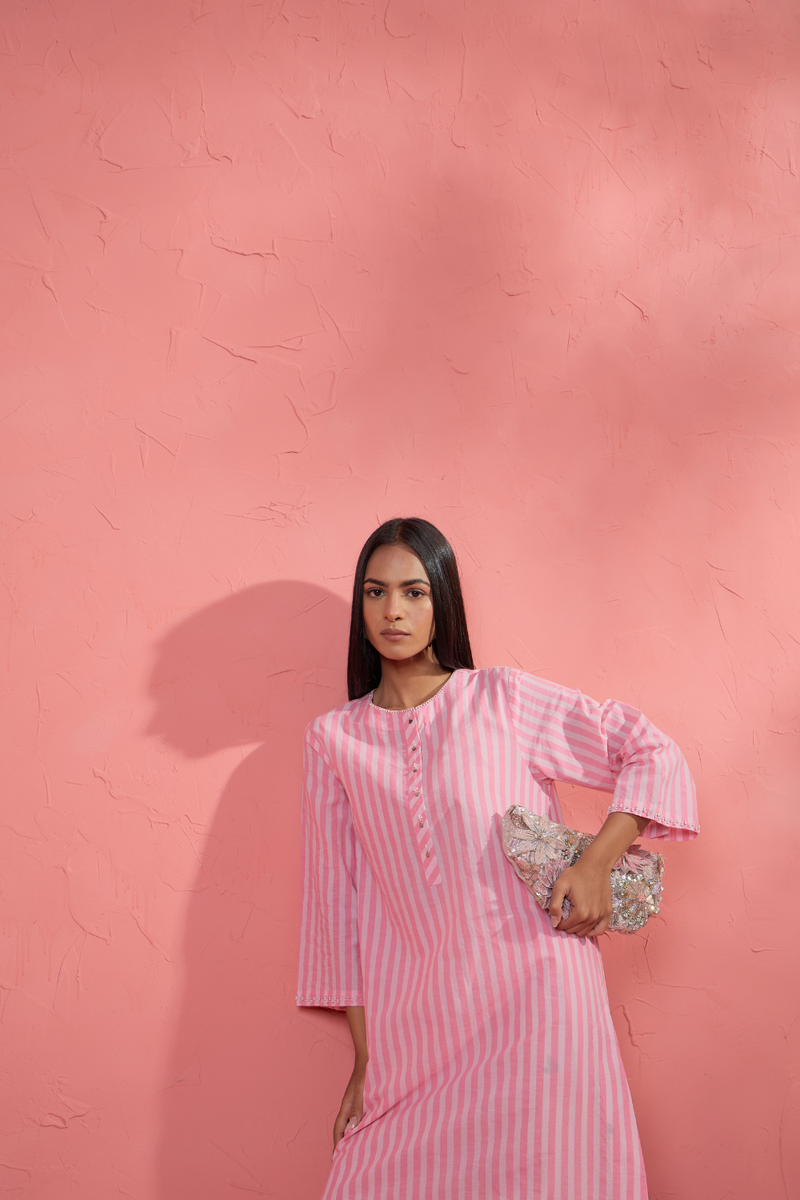 Gul Rose Stripe Set cotton cambric light kurta set by AAVIDI in pink for women Worldwide