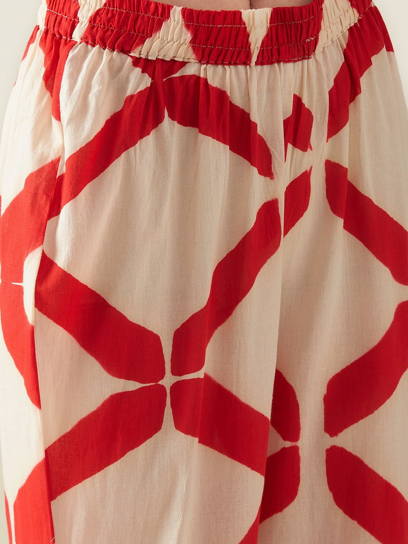 Red Clamp Dye Embroidered Co ord set cotton Artisan made - Block Printed by Aavidi for women Worldwide