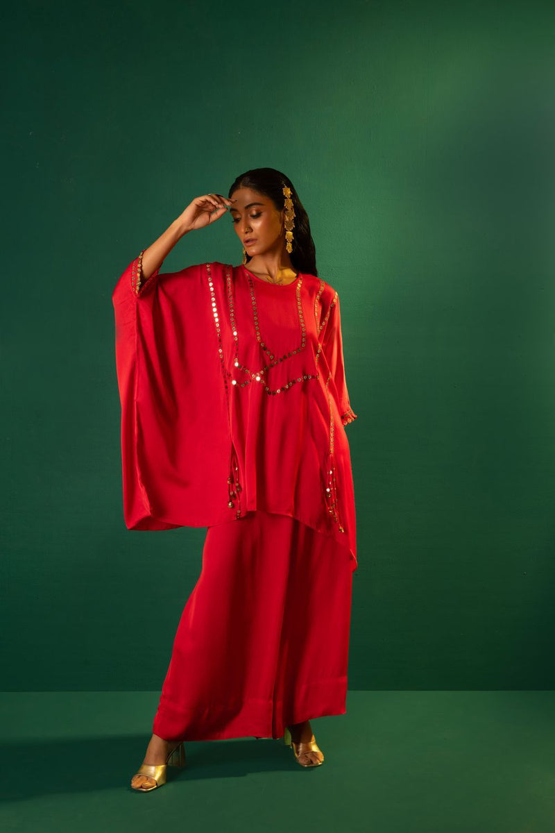 Chamakeen Morrocon Red Co-ord Set satin by PRAHNAAYA in red color for women Worldwide