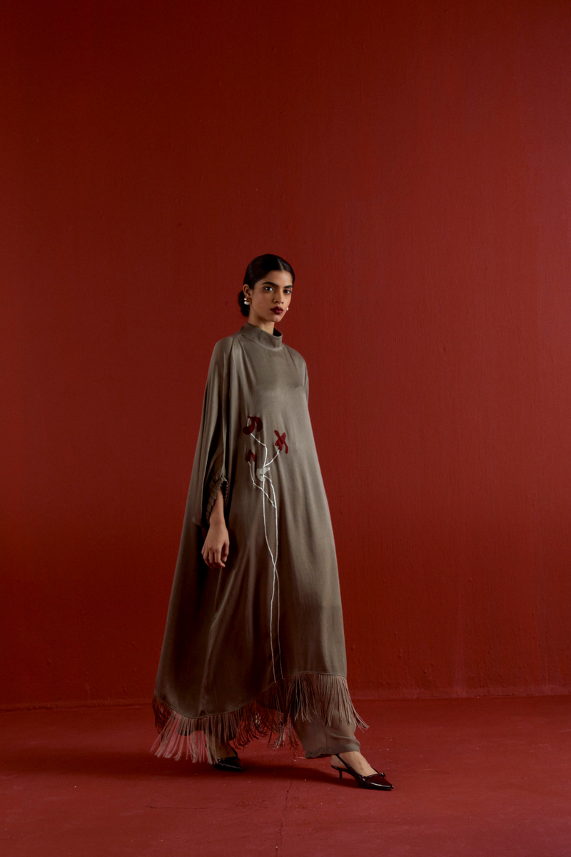 FLORAL FRINGE KAFTAN CO-ORD-CEDAR satin by THREE for women Worldwide