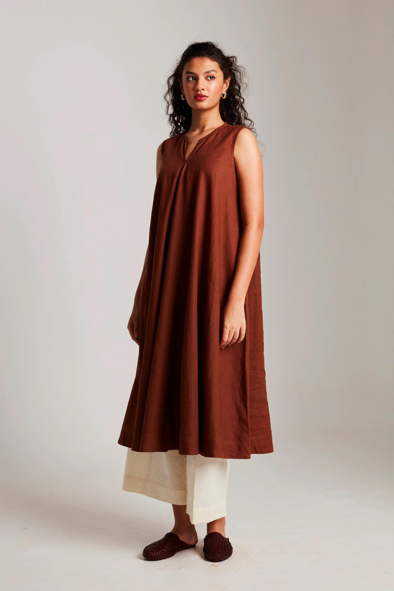 Mocha Co-Linen Sleeveless Flared Kurta cotton by Saphed in brown color for women Worldwide