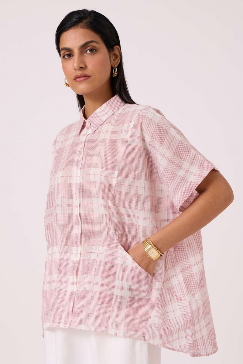 Sibyl Checkered Handwoven Shirt cotton by The Summer House in red color for women Worldwide