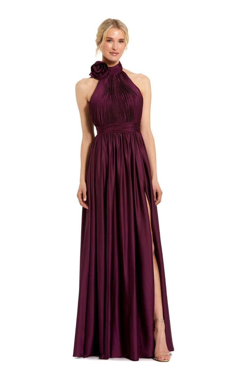 49333-Soft Tie Halter Neck High Slit Gown satin by Mac Duggal in red color for women Worldwide
