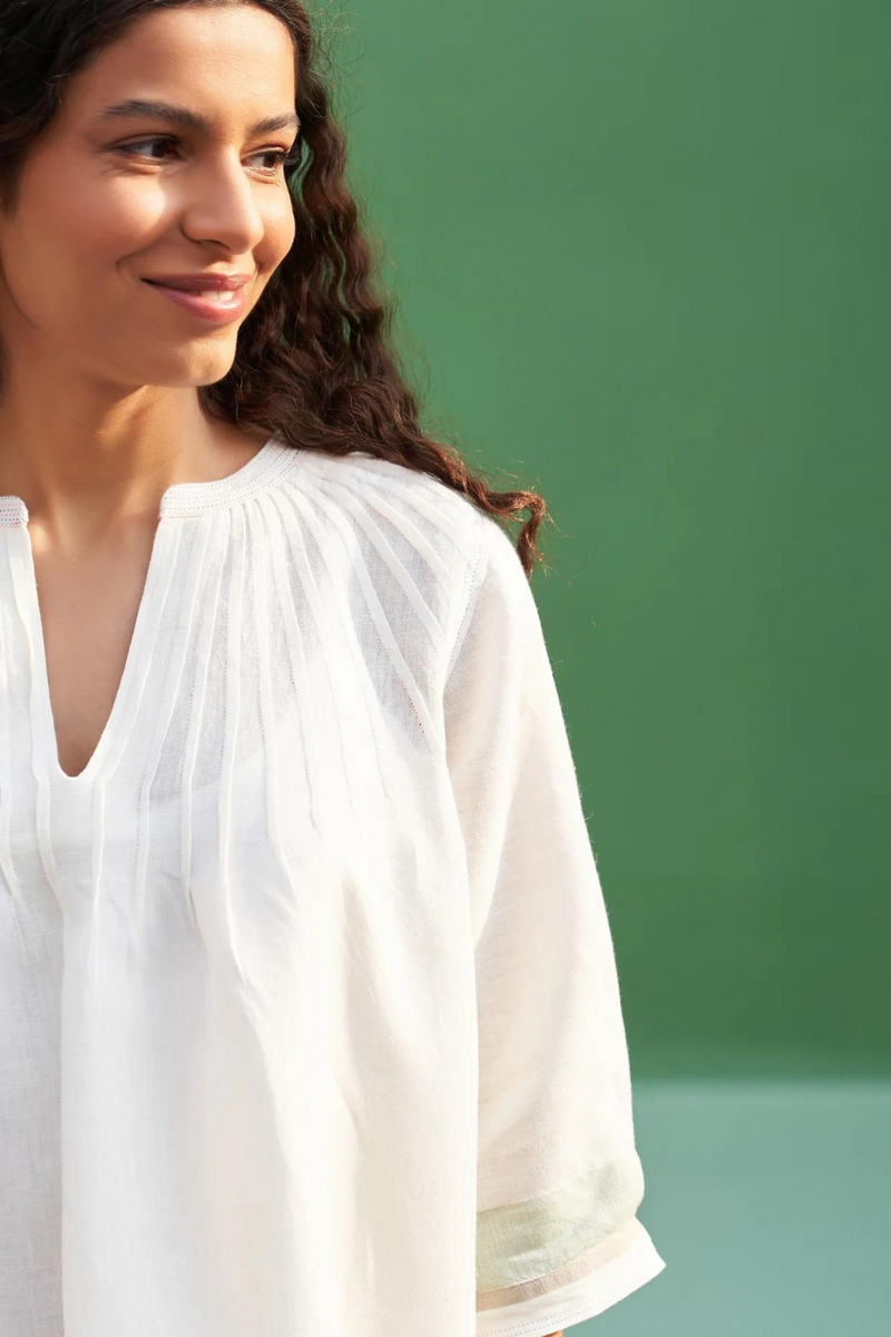 Yima Border Linen Dress
 - Ivory linen by Manan in ivory color for women Worldwide