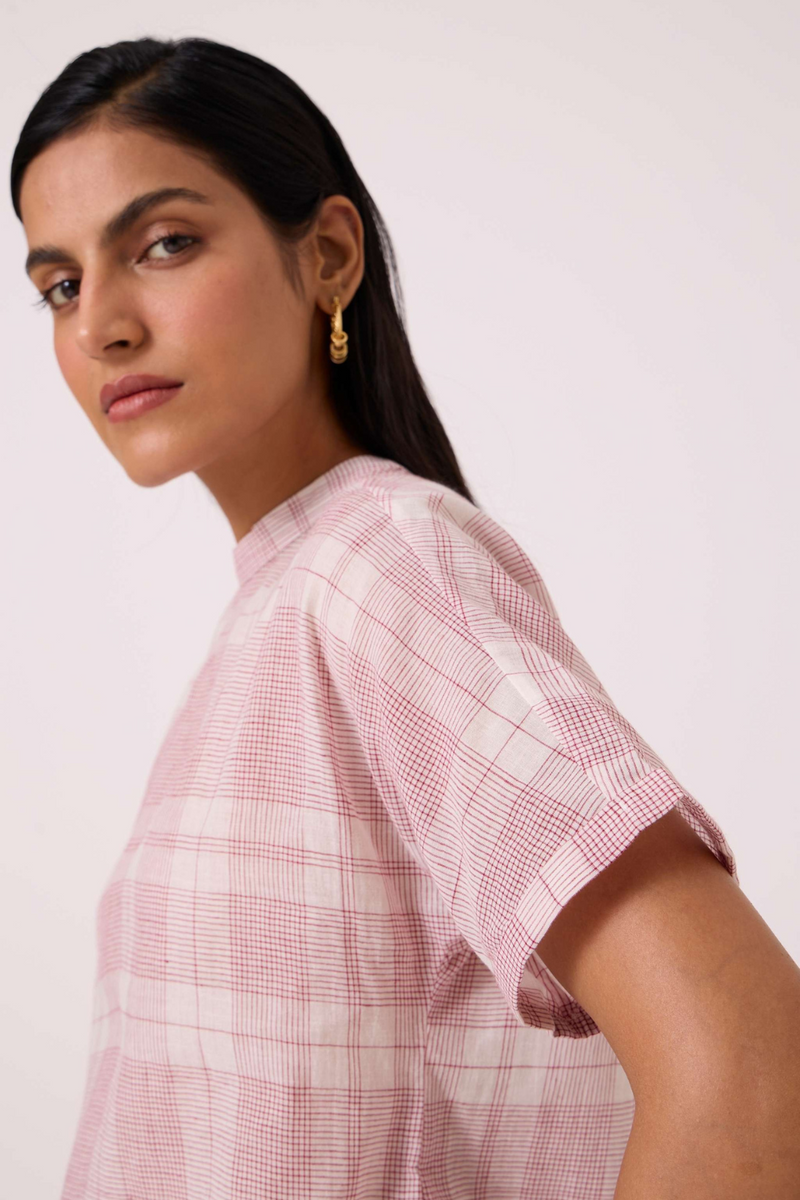 Ursula Checkered Handwoven Top cotton by The Summer House in red color for women Worldwide