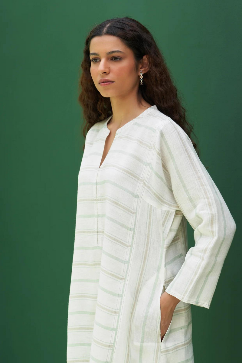 Ezra Striped Linen Kurta - Mint linen by Manan in mint color for women Worldwide