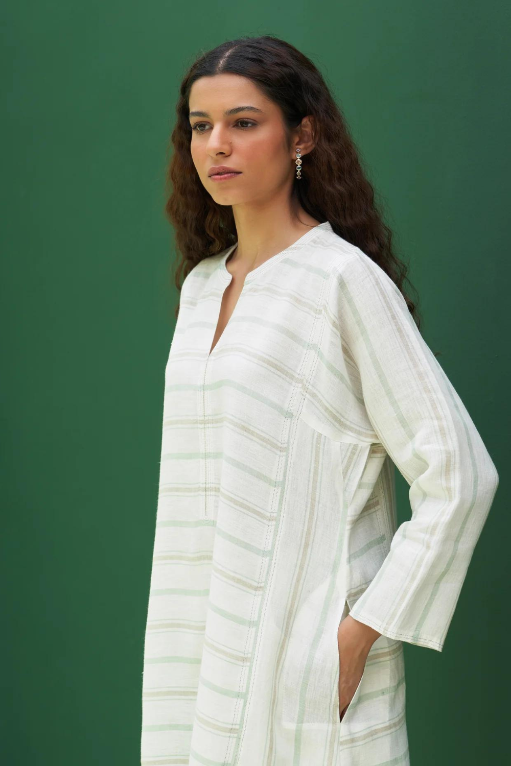 Ezra Striped Linen Kurta - Mint