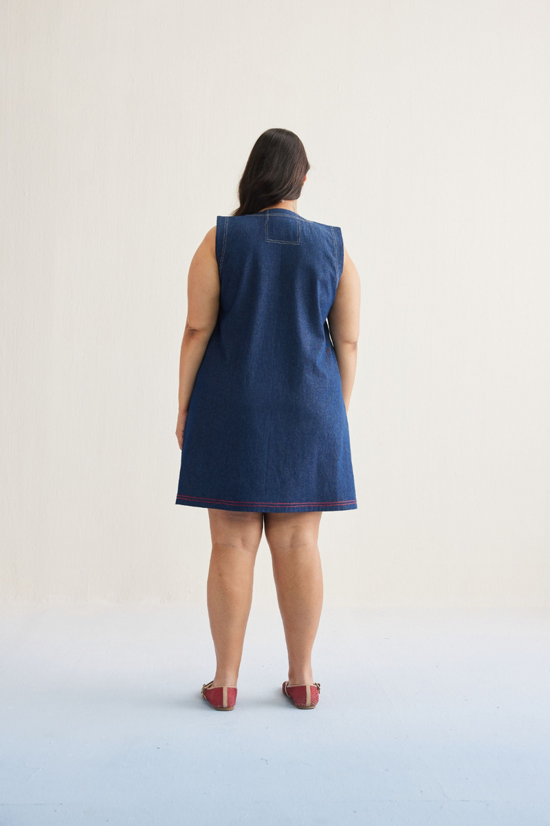 Deep Blue Sustainable Denim Dress cotton by SUI in blue color for women Worldwide
