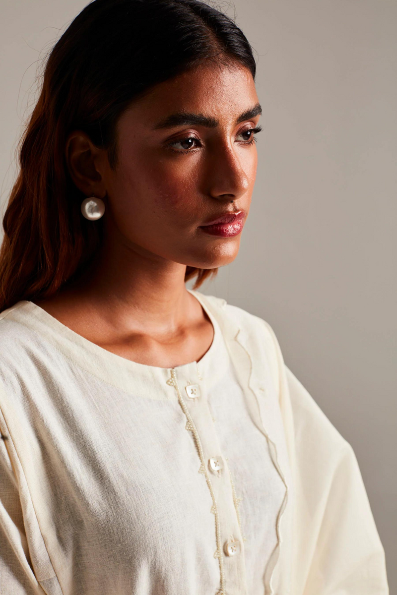 Vanilla Co-Linen Beaded Placket Kurta cotton by Saphed in white color for women Worldwide