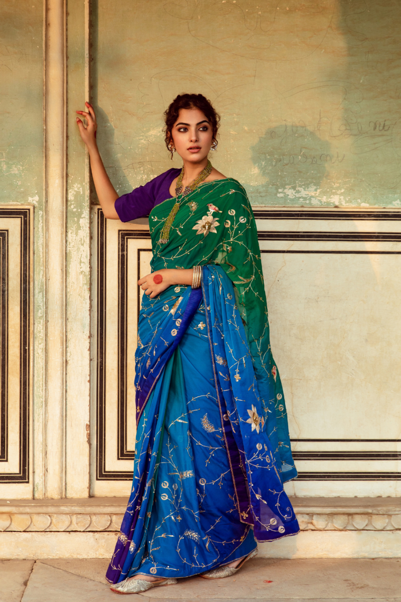 Embroidered Shaded Chiffon Sari chiffon by Maison Shefali in multi color for women Worldwide