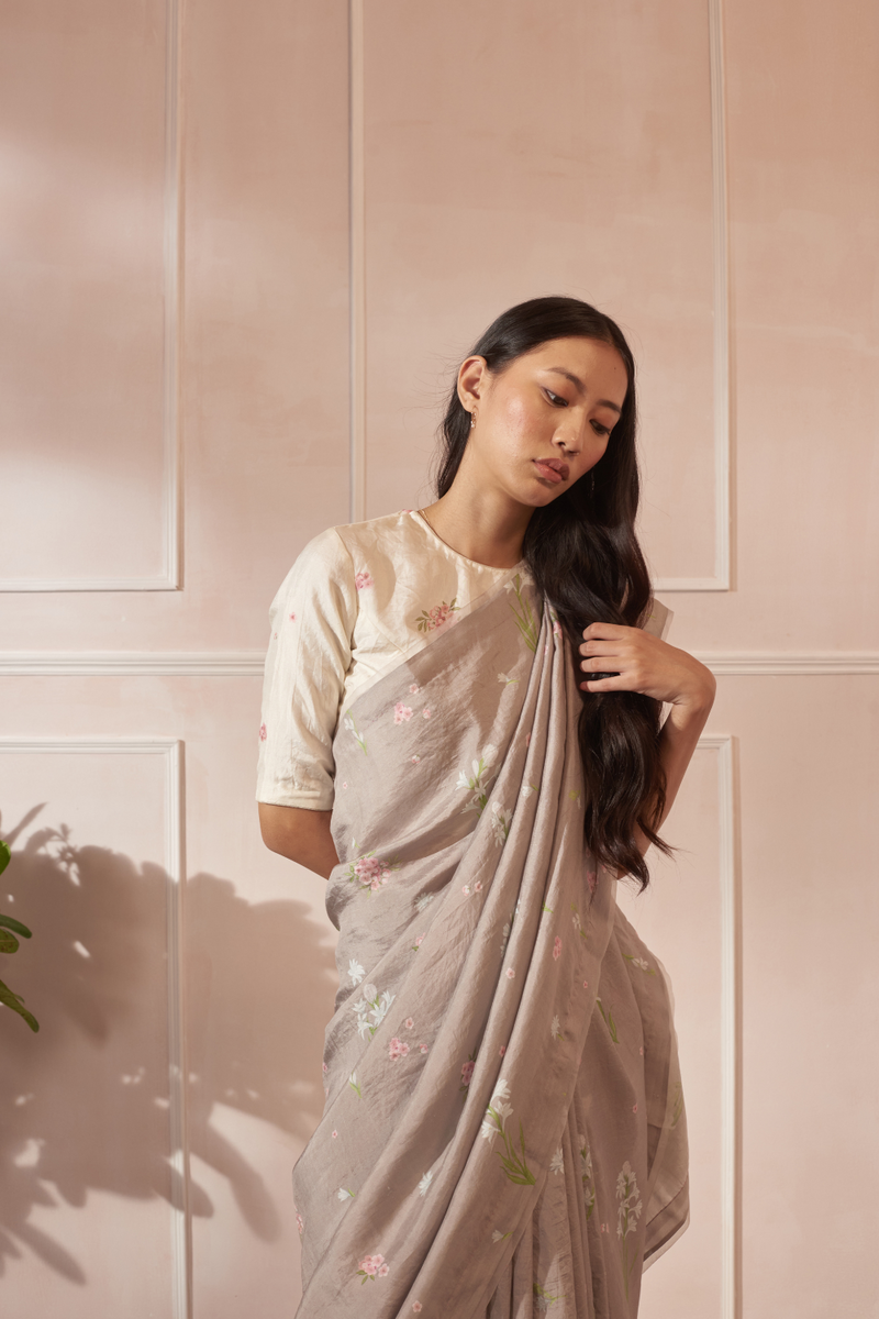 Rajnigandha and Periwinkle Mulberry Silk Sari silk by Nadiya Paar in brown color for women Worldwide