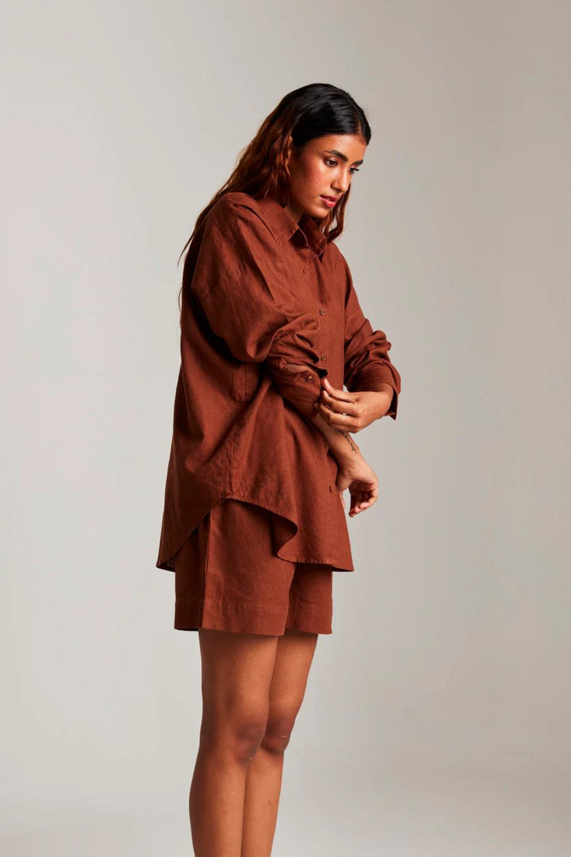 Mocha Co-Linen Classic Shirt set cotton by Saphed in brown color for women Worldwide