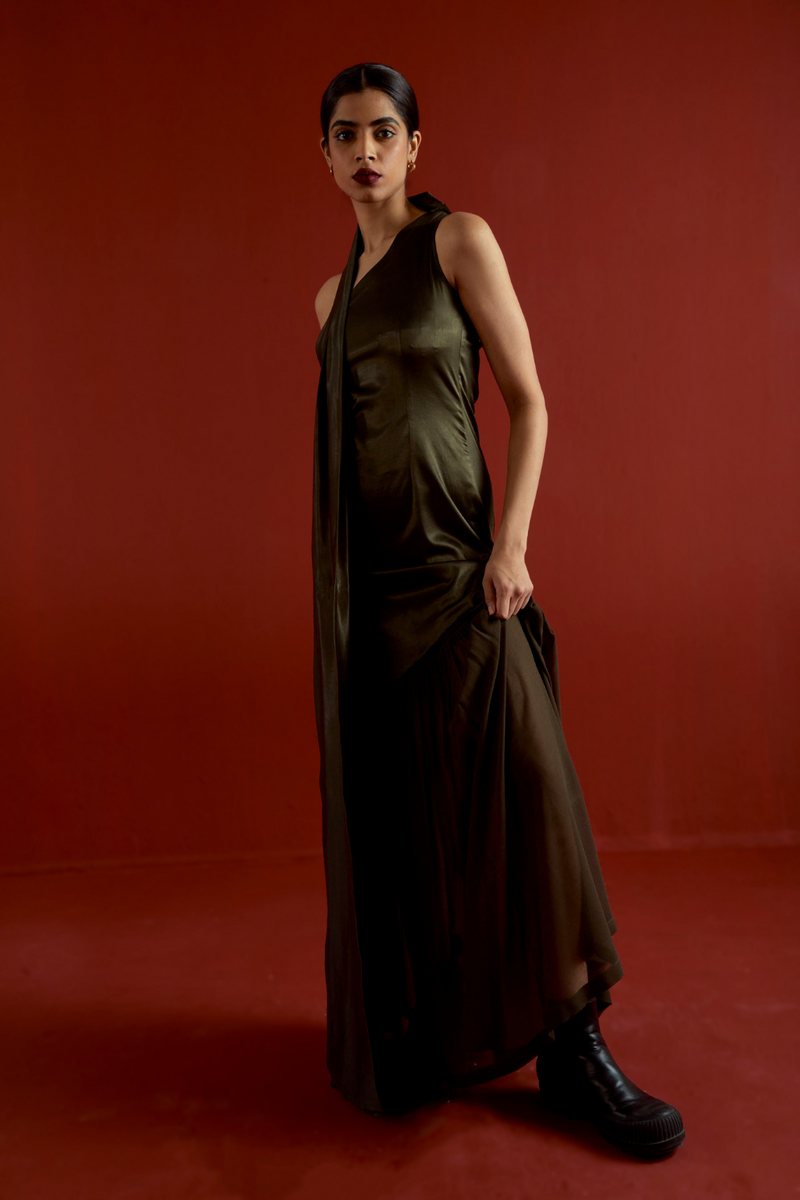 ONE SHOULDER DRESS-DARK OLIVE satin by THREE in olive color for women Worldwide