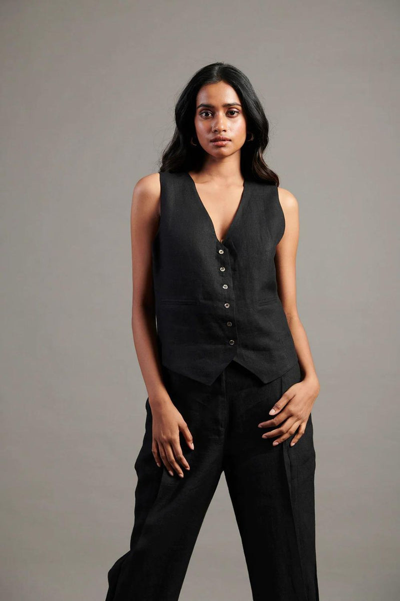 Kohl Linen Waist Coat Set linen by Saphed in black color for women Worldwide