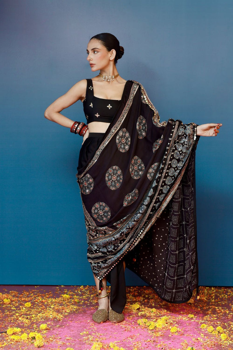 Aaram Baithak Ajrakh Drape Dress satin by PRAHNAAYA in black color for women Worldwide