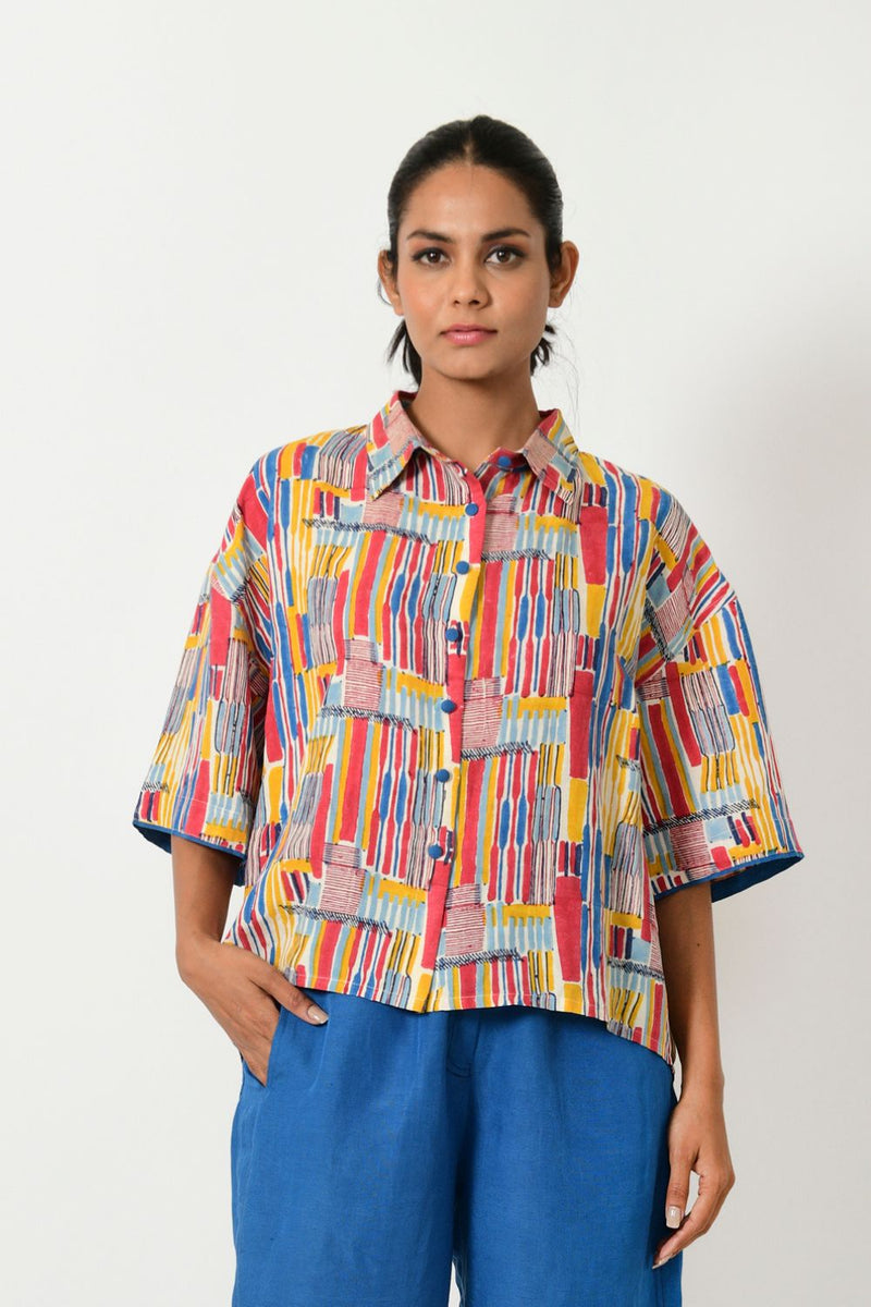 SCRIBBLE HAND BLOCK LINEN CROP SHIRT cotton by Rias in multi color for women Worldwide