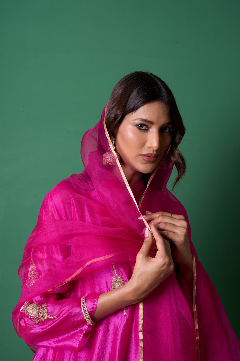 Paradise Kurta Set - Pink with Dupatta organza by Priti Prashant in pink color for women Worldwide
