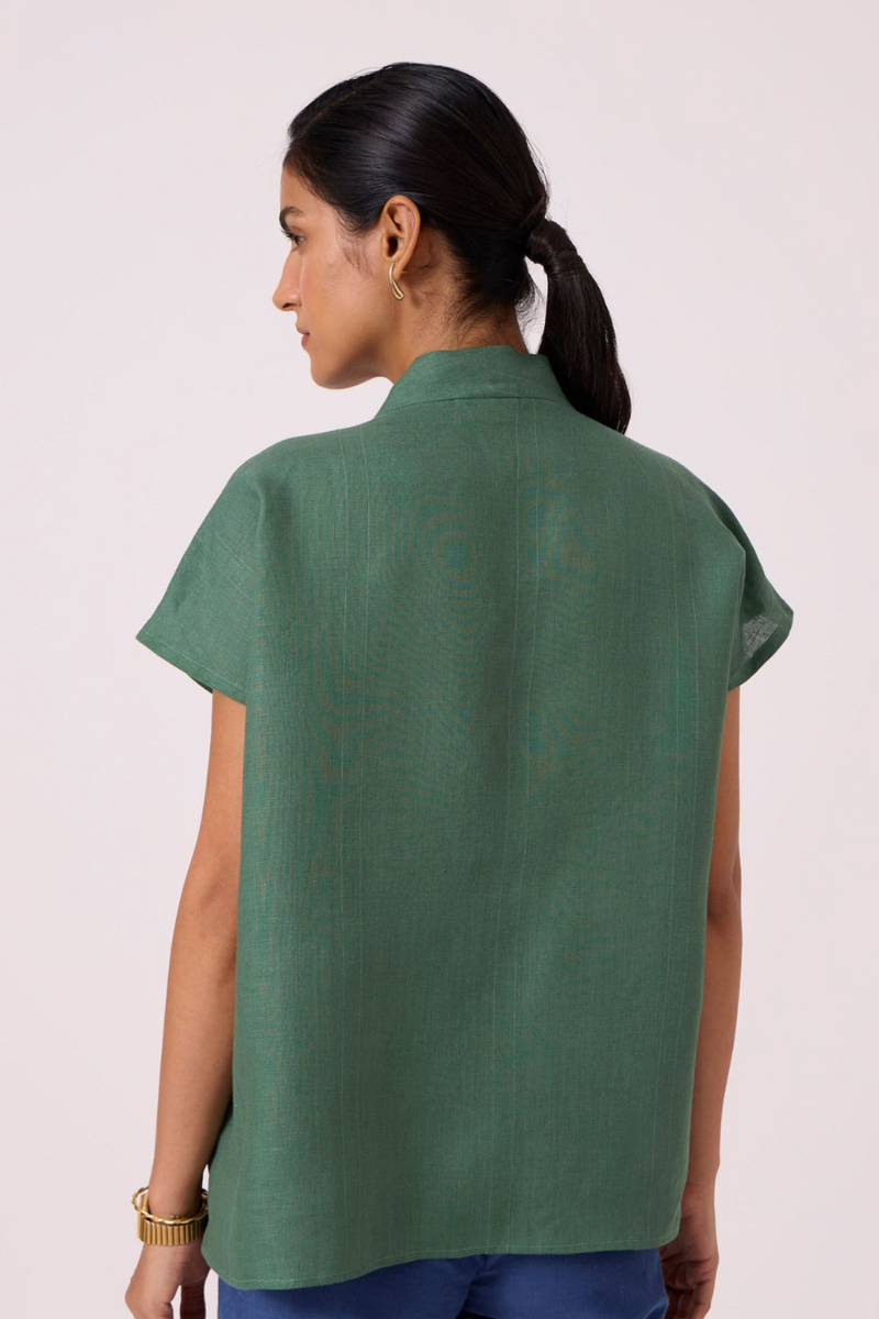 Orion Green Linen Top by The Summer House in green color for women Worldwide