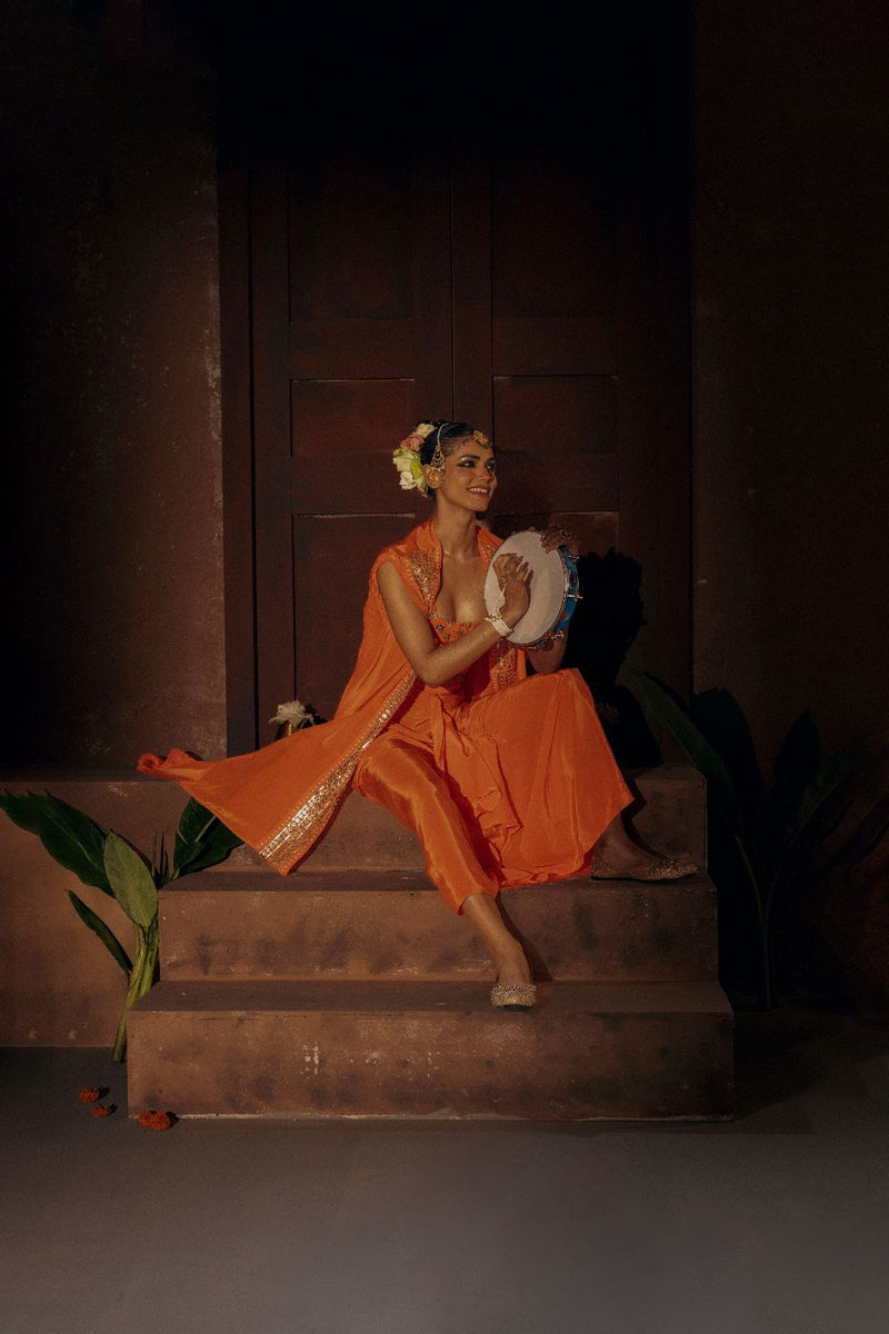 Mangala Blouse Skirt & Cape Set- Orange silk by PRAHNAAYA in orange color for women Worldwide