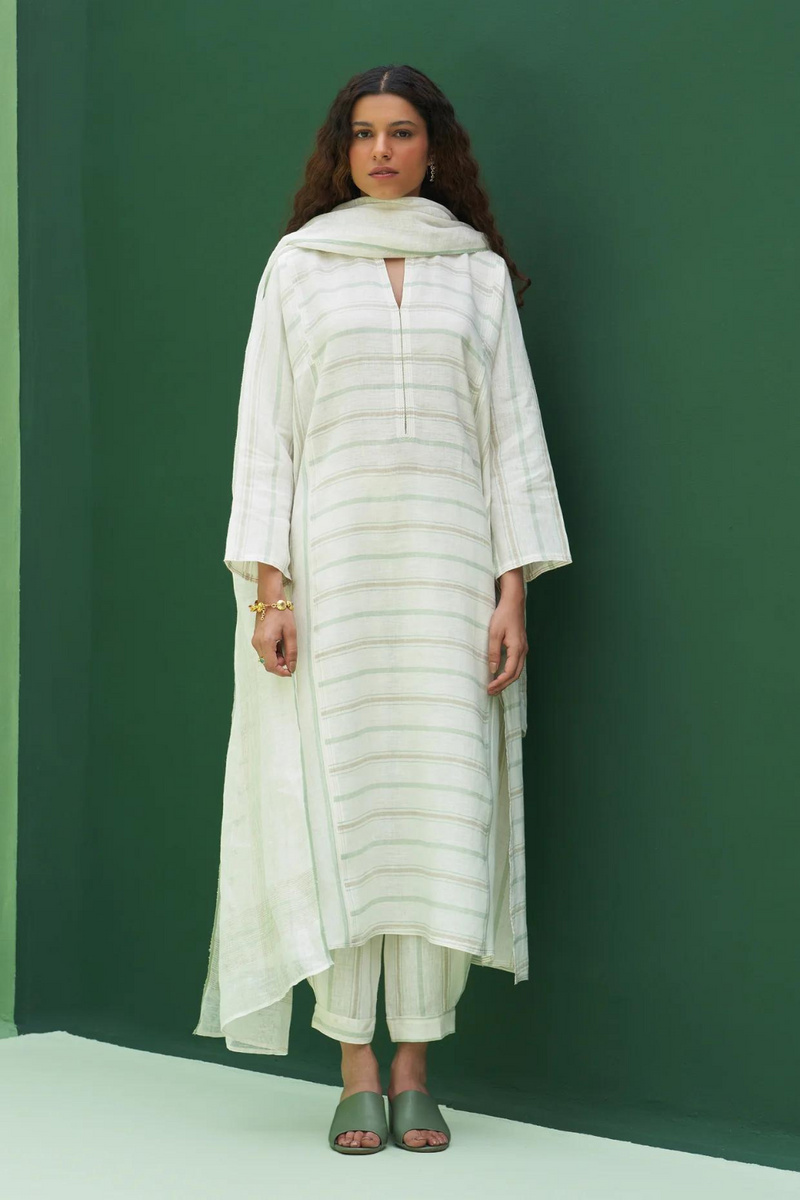 Ezra Striped Linen Kurta Set - Mint linen by Manan in mint color for women Worldwide